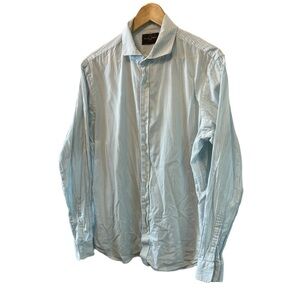MENS White & Light Blue Long Sleeve Button Up Collared Lightweight Dress Shirt L